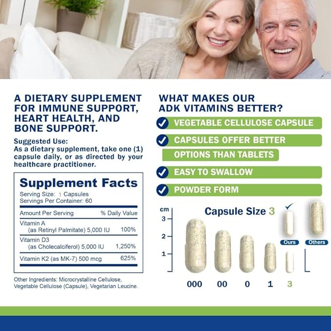 Power By Naturals ADK Vitamin Supplement – High Potency Blend of Vitamin A D3 5000 IU &amp K2 MK7 for Bone Health – Vitamin A D K Supplement – 60 Capsules (2 Month Supply)