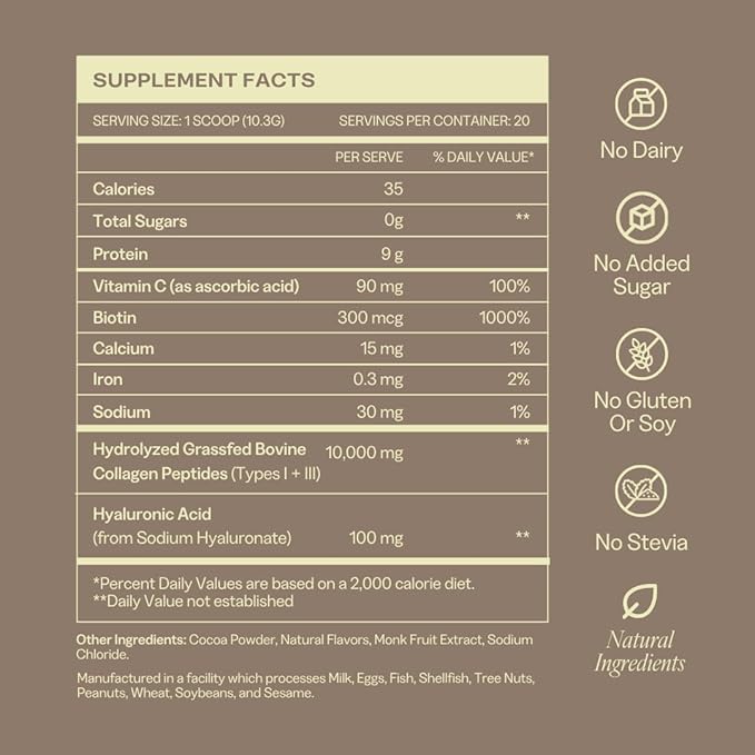 Collagen Powder for Women Beauty Blend with Vitamin C Biotin &amp Hyaluronic Acid Supports Hair Skin &amp Nails 20 Servings Grass-Fed Bovine Chocolate