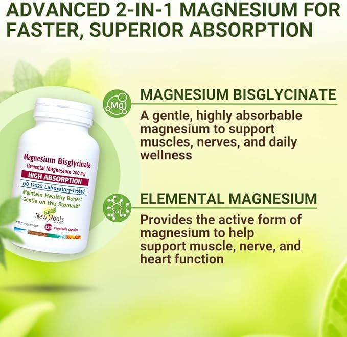 New Roots Herbal Magnesium Bisglycinate 120 Capsules 120-Day Supply - 200mg Elemental Magnesium for Sleep Heart Muscle Function Electrolyte Balance and Bone Health - Gentle on Stomach - Non-GMO