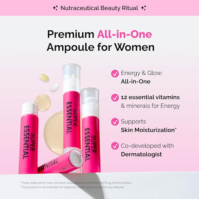 VITALBEAUTIE Super Essential (7-Day) – Women’s All‑in‑One Beauty + Multivitamin Ampoules &amp Tablets – 1000mg Fish Collagen + 1000mg Vitamin C Biotin Iron Vitamin D – Grape Flavor - 7 Servings