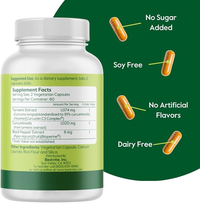 BESTVITE Curcumin 510mg (Turmeric)(120 Vegetarian Capsules) with Curcumin C3 Complex &amp Bioperine - Standardized to 95% Curcuminoids - No Stearates - Vegan - Non GMO - Gluten Free