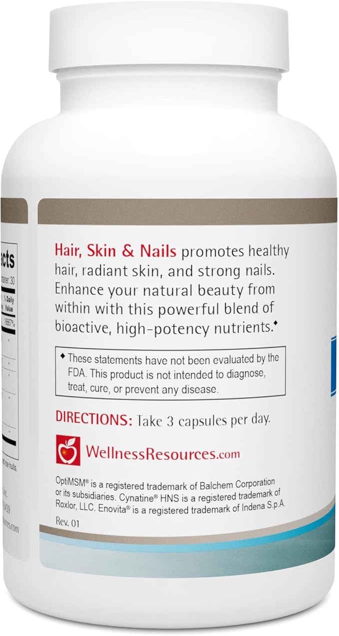 Wellness Resources Hair Skin &amp Nails with Biotin Cynatine HNS Keratin OptiMSM Bamboo &amp Grape Seed Extract – Supplement for Stronger Nails Healthier Hair &amp Youthful Skin (90 Capsules)