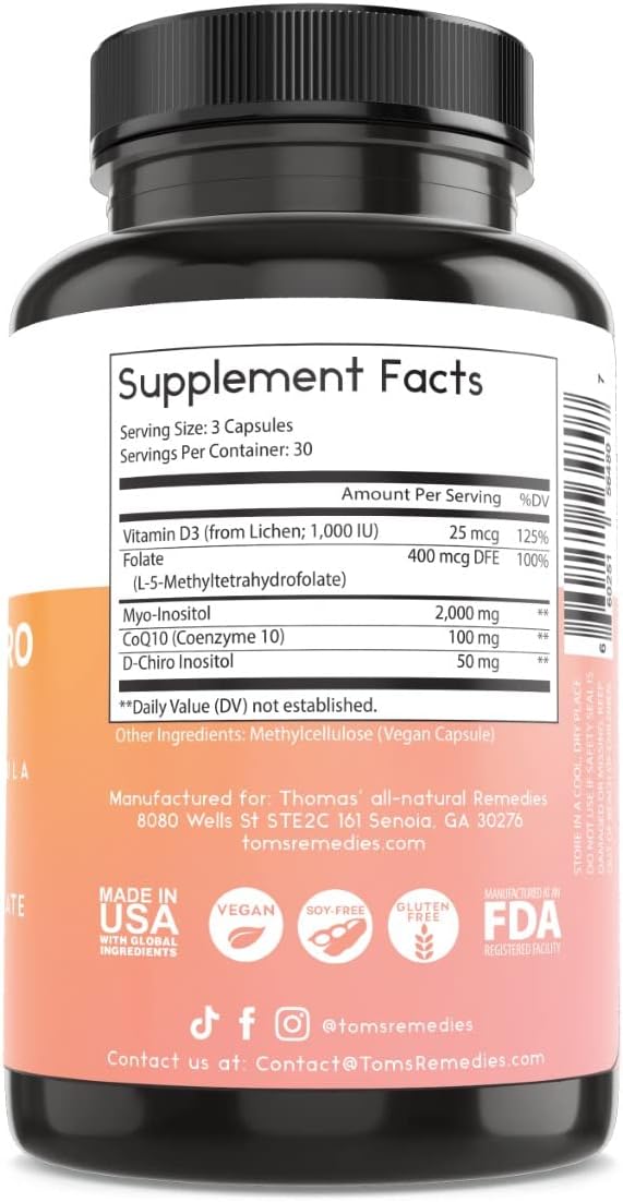 Thomas' all-natural Remedies Myo Inositol Supplement &amp D-Chiro Inositol Blend Supplement with Folate and Vitamin D3 40 to 1 Ratio Non-GMO No Fillers CoQ10 90 Vegan Capsules