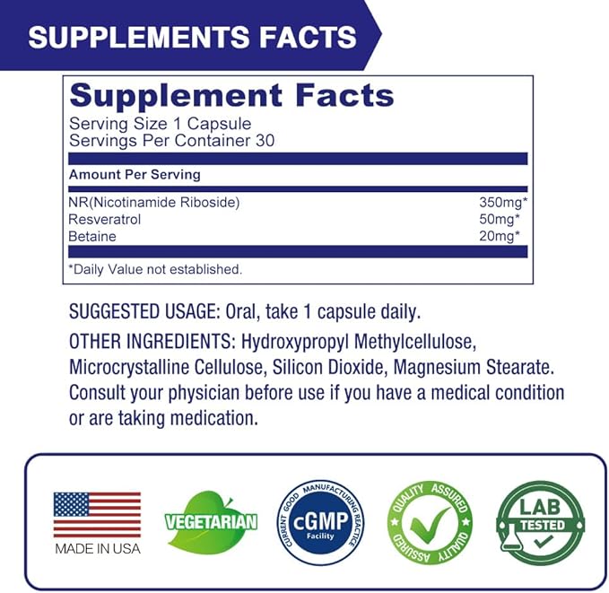 Lovita NR (Nicotinamide Riboside) 350 mg NAD Supplement with Trans-Resveratrol and Betaine Promote NAD Plus Levels Healthy Aging 30 Vegan Enteric-Coated Capsules (Pack of 3)