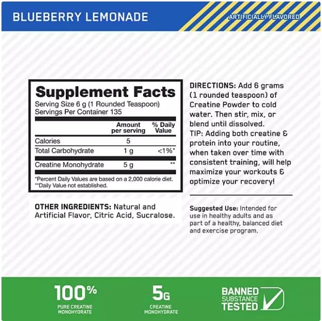 Optimum Micronized Creatine Monohydrate Powder Blueberry Lemonade Creatine 135 Servings5 Grams Per Serving Muscle Support (810 Grams) 28.57 OZ