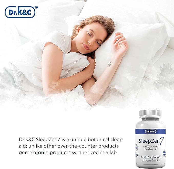 Dr.K&ampC SleepZen7 Sleep Supplement – All Natural Botanical Plant Sourced 1200 mg 100 Veggie Capsules Sleeping Support Organic Tart Cherry Valerian Root Extract No Filler Non GMO