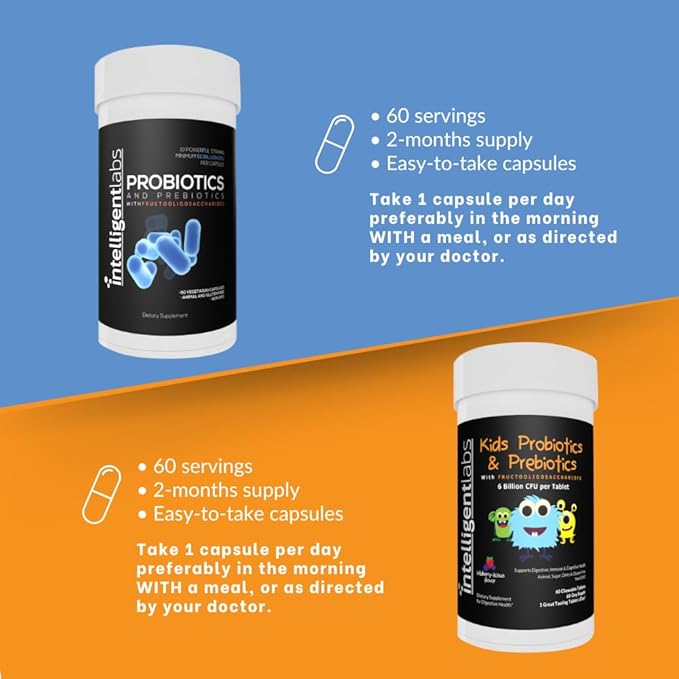 Intelligent Labs 2-in-1 Bundle of Kids Probiotics (6 Billion CFU with Hydrolyzed Guar Gum and FOS) + Adult Probiotics (50 Billion CFU 10 Strains) No Refrigeration Needed 2 Months Supply Per Bottle