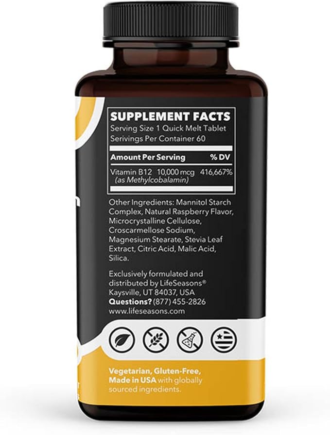 LifeSeasons Essentials Vitamin B12 10000 mcg Quick Melts – Methylcobalamin B12 for Energy Production &amp Nervous System Support – Berry Flavor – Fast-Dissolving Tablets – 60 Quick Melts