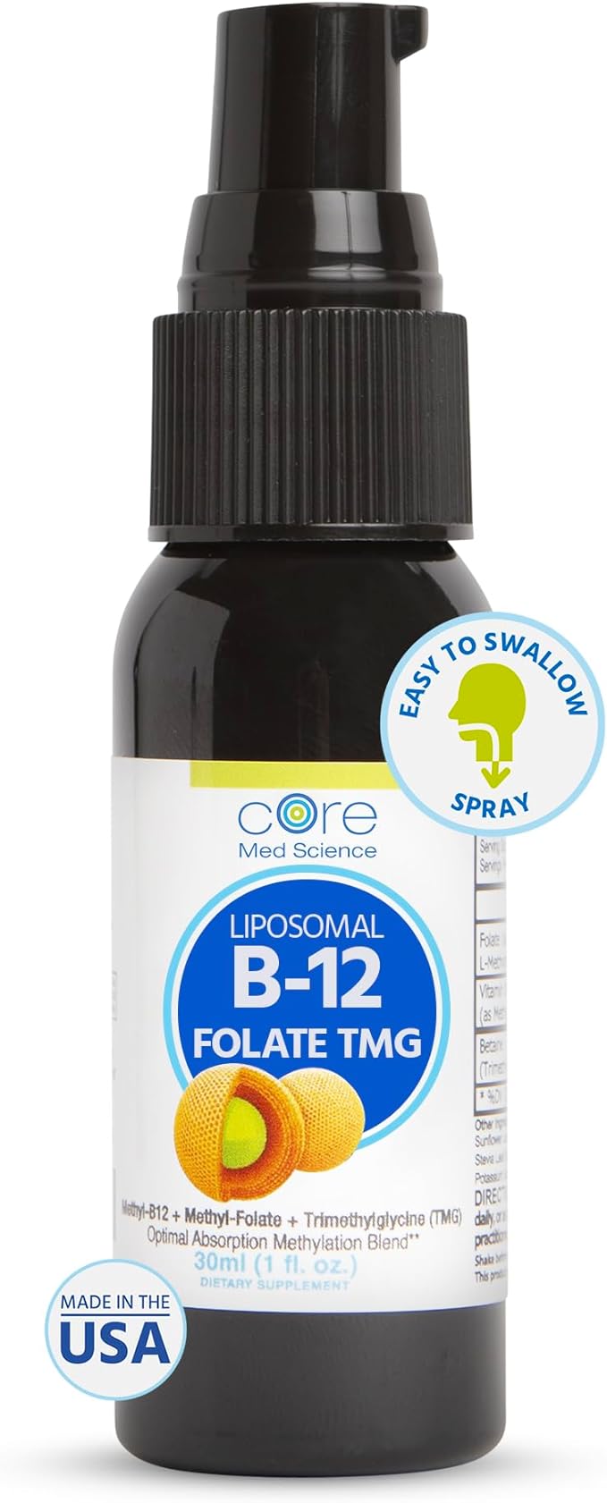 Core Med Science Liposomal B12 Folate TMG Liquid Spray Supplement for Women &amp Men - Supports Mood Cognitive &amp Heart Health - Vitamin B9 &amp Betaine for Homocysteine Levels &amp Methylatio