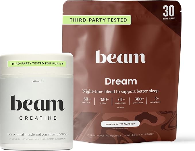 Beam Dream Sleep Powder &amp Creatine Bundle Third Party Tested Natural Sleep Aid &amp Recovery Supplement with Micronized Creatine Monohydrate Unflavored Pure Creatine Powder for Muscle Strength