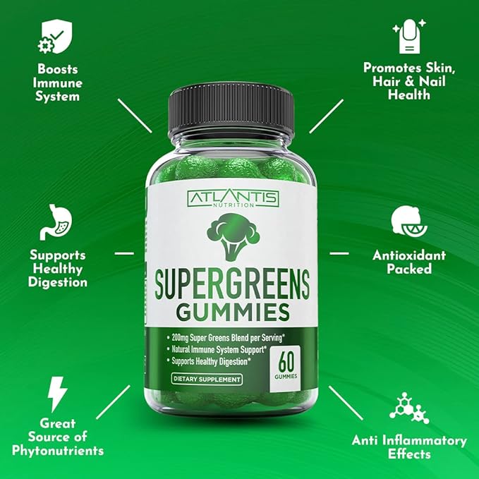 Atlantis Nutrition Sugar Free Prebiotic Fiber Gummies for Adults 2-Pack (120 Gummies) + Supergreens 60 Gummies