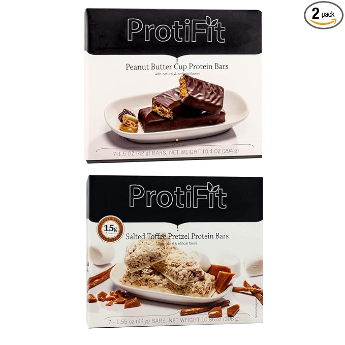 PROTIFIT - Low Calorie Peanut Butter Cup &amp Salted Toffee Pretzel Protein Bar 2 Pack High Protein 15g Protein Low Carb Low Sugar Ideal Protein Compatible 7 Servings Per Box (2 Pack)