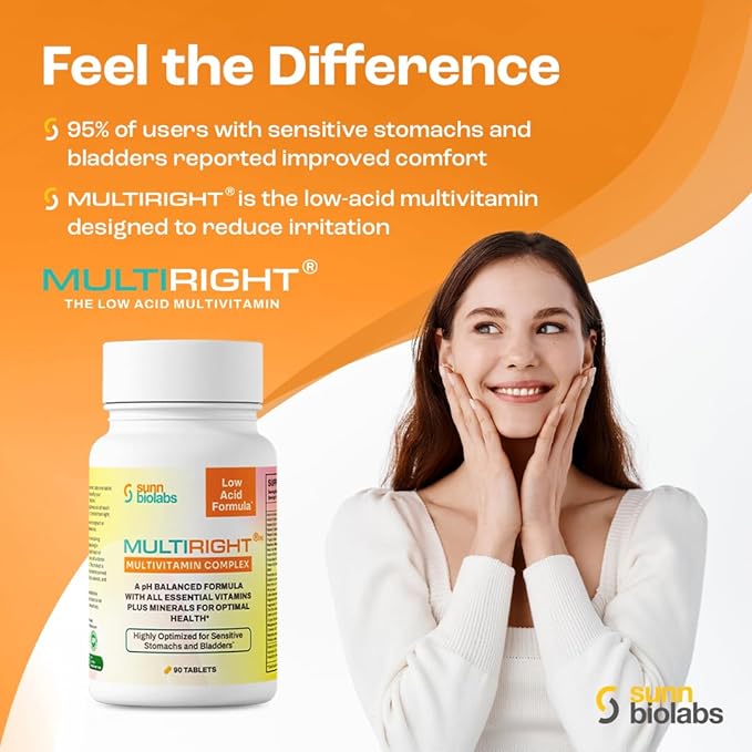 MULTIRIGHT | LOW ACID MULTIVITAMIN for Sensitive Stomachs Bladders | 14 Vitamins &amp 14 Minerals | Bladder-Friendly pH Balanced | Easy on Digestion-Less Acidic | Buffered Vitamin C | 270 Tablets (