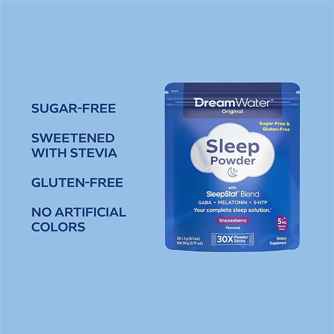 Dream Water Sleep Aid Powder Melatonin 5mg GABA 5-HTP Natural Flavors Helps You to Fall Asleep Fast and Wake Refreshed Snoozeberry 30-Count.