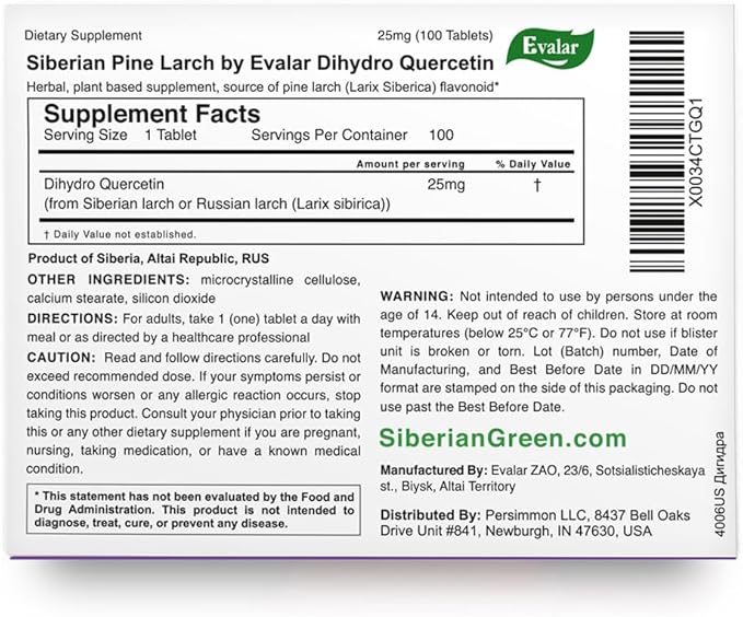 Evalar Dihydro Quercetin Siberian Pine Larch Bioflavonoid 100 Tabs