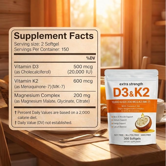 ELVERA Vitamin D3 K2 Magnesium Complex Extra Strength D3 &amp K2 with Triple Magnesium Softgels D3 K2 Vitamin 10000 IU Softgels(1)