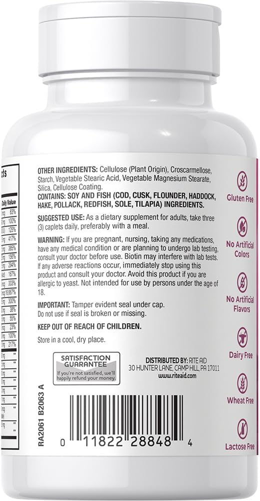 Rite Aid Hair Skin &amp Nails Caplets 5000mcg of Biotin 120 Count Support Healthy and Strong Hair Skin &amp Nail Growth with Vitamin B
