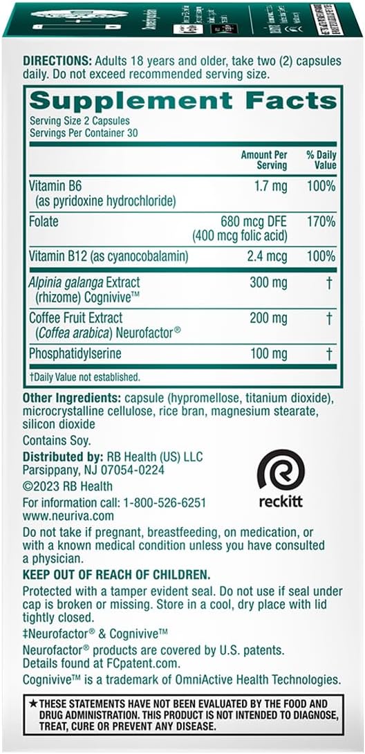 NEURIVA Ultra Decaf Clinically Tested Nootropic Brain Supplement for Mental Alertness Memory Focus &amp Concentration Cognivive Neurofactor Phosphatidylserine Vitamin B6 B12 60 Caps (2 Pack)