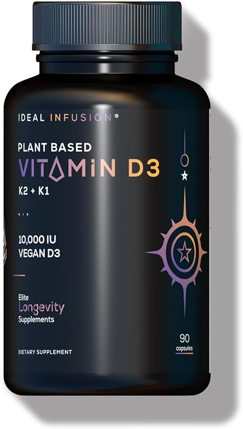 Vegan Vitamin D3 10000iu with K1 K2: Natural Plant Based D3 - Burp-Free Patented Coconut MCT Powder for Improved Absorption - Immune Support &amp Bone Structure (90 Servings) Wildcrafted D3 Lichen