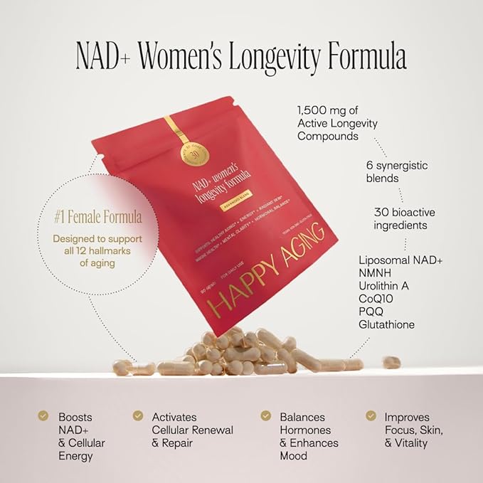 Happy Aging NAD+ Supplement for Women | NAD Booster with NMN NMNH NR Resveratrol CoQ10 &amp Urolithin A – Supports Energy Focus Skin Glow &amp Daily Vitality 30-Day Supply