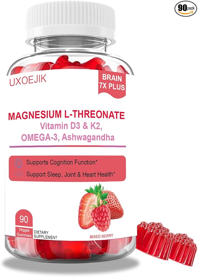 Magnesium L-Threonate Gummies - with Vitamin D K2 &amp Omega-3 Fish Oil - Brain Health Memory and Muscle Support - Vegan Non-GMO Natural Berry Flavor 90 Gummies