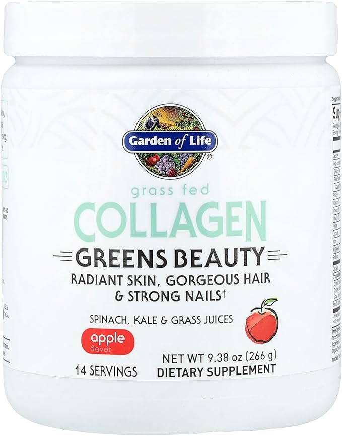 Garden of Life Grass Fed Collagen Greens Beauty Powder - Apple 14 Servings Powder for Women Skin Hair Nails Joints Collagen Peptides Powder + Protein + Greens Supplement