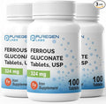 Puregen Labs Ferrous Gluconate 324 mg [High Potency] Iron Supplement Gentle on Stomach | 3 Pack - 300 Tablets Total