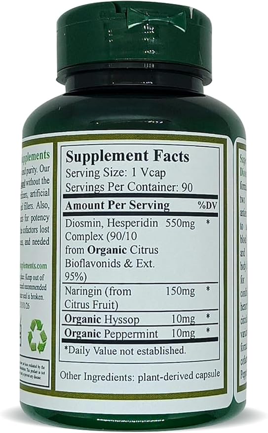 Green Organic Supplements Hesperidin Diosmin Narangin Unique Formula (Hand Made Non-GMO Vegan &amp Gluten Free) (Single)