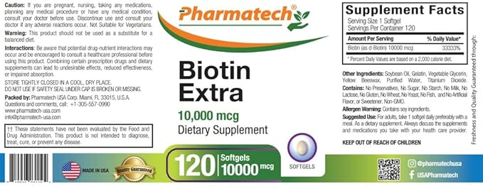Biotin Vitamin B7 for Hair Growth Skin and Nails 10000 mcg and 5000 mcg Gluten Free Non-GMO 120 Softgels