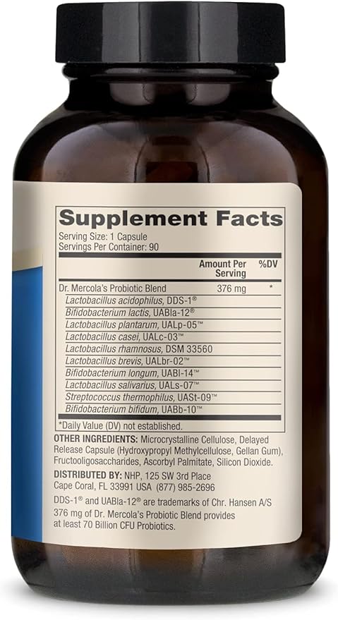 Dr. Mercola Complete Probiotics - 90 Servings- Daily Probiotic Supplement - 70 Billion CFU - Acid &amp Bile Resistant - Promotes Digestive Health and Supports Immune System
