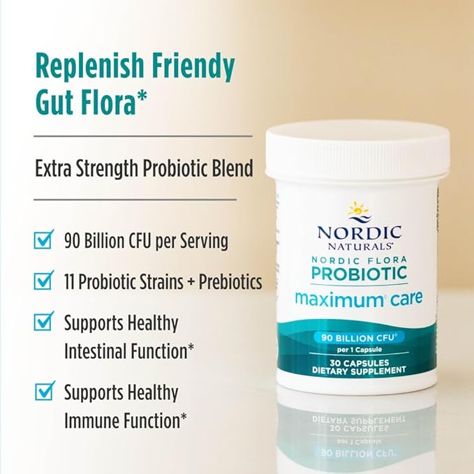 Nordic Naturals Nordic Flora Probiotic Maximum Care 30 Capsules 11 Probiotic Strains for Daily Immune and Digestive Health Support Vegan 30 Servings