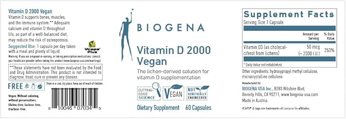 Biogena Vitamin D 2000 Vegan Formula - Sun Vitamin D3 Supplement for Calcium Absorption Immune Support - 60 Capsules**