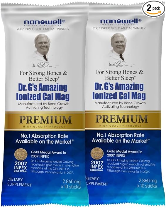 Dr. G's Amazing Ionized Cal Mag 2860mg (Premium) - Bone Strength and Bone Health Supplement with Ionized Calcium &amp Magnesium Powder Stick Packs - 10 Sticks x 2 Packs (20 Count)