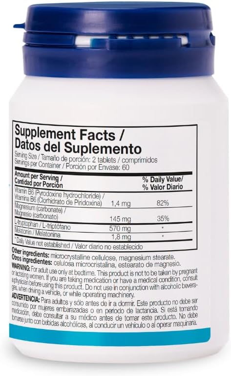 Tryptophan with Magnesium + Vit B6 &amp Melatonin. Induces sleep and improves sleep quality. Study Support. Supplement by Ana Maria Lajusticia. 60 TABLETS