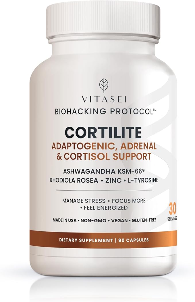 VITASEI Cortilite – Adaptogenic Cortisol &amp Adrenal Support with KSM-66 Ashwagandha – 90 Capsules – Helps Manage Stress &amp Support Balance