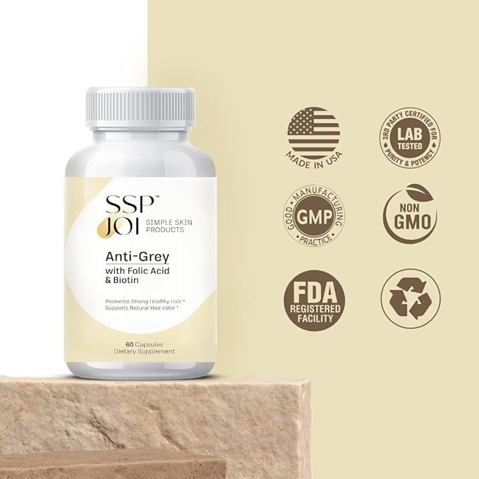 Hair Growth Supplement 250 mg - Anti-Grey Supplement for Men and Women with Folic Acid B-Vitamins &amp Biotin - Supports Grey Hair Change and Promotes Strong Healthy Hair