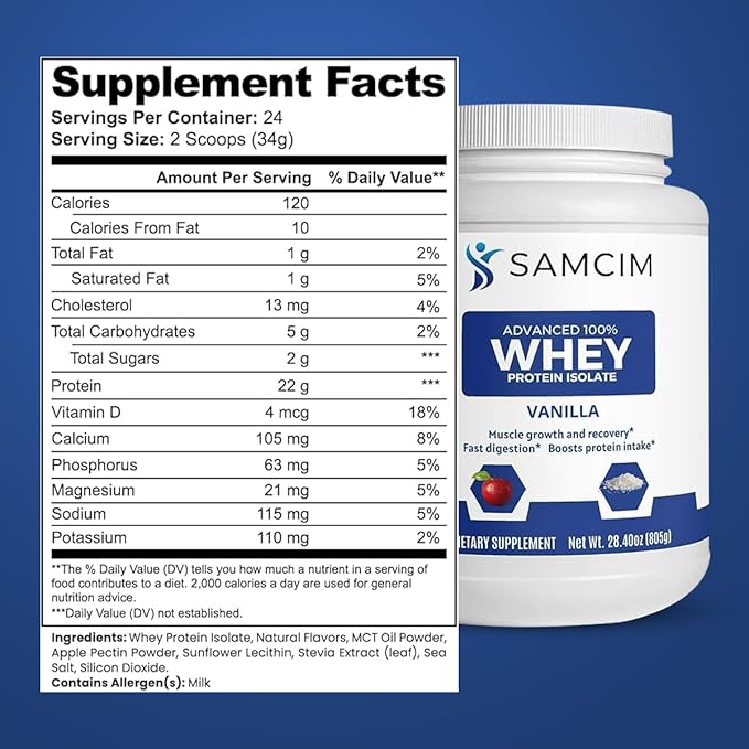 Advanced 100% Whey Protein Isolate Vanilla Flavor Protein Powder Supplement
