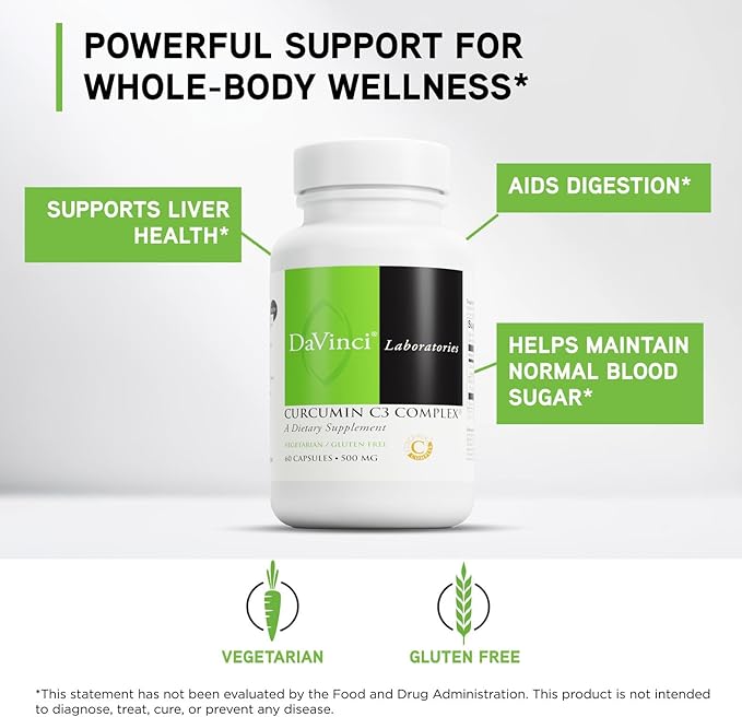 DAVINCI Labs Curcumin C3 Complex - Dietary Supplement to Support Gallbladder Function and Healthy Liver - with Curcuminoids and Bioperine Fruit Extract - Gluten-Free - 60 Vegetarian Capsules