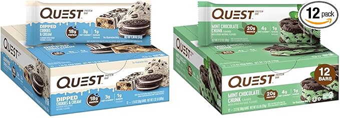 Quest Nutrition Dipped Chocolate Cookies &amp Cream Protein Bars High Protein Low Carb Gluten Free &amp Mint Chocolate Chunk Protein Bars High Protein Low Carb Gluten Free