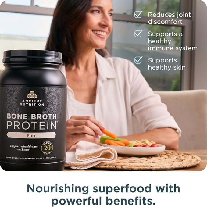 Ancient Nutrition Grass Fed Cage Free Bone Broth Protein Powder 20g Protein Hydrolyzed Collagen Peptides Keto &amp Paleo Friendly Supports Joint &amp Gut Health Pure 40 Servings