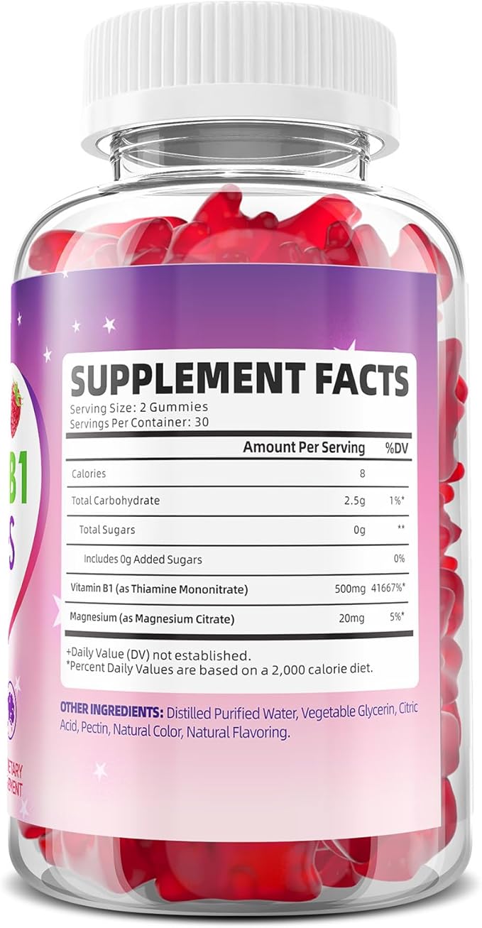 2 Pack Vitamin B1 Gummies 500mg for Adults &amp Kids – High Potency Thiamine B1 Supplement for Energy &amp Nervous System Support Sugar-Free Raspberry Flavor 120 Count