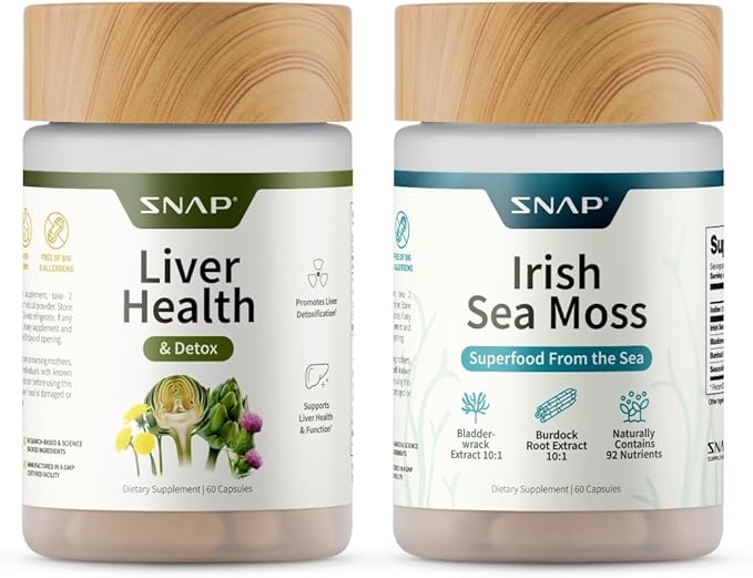 Snap Supplements Liver Health + Irish Sea Moss Bundle 60 Vegetarian Capsules Each