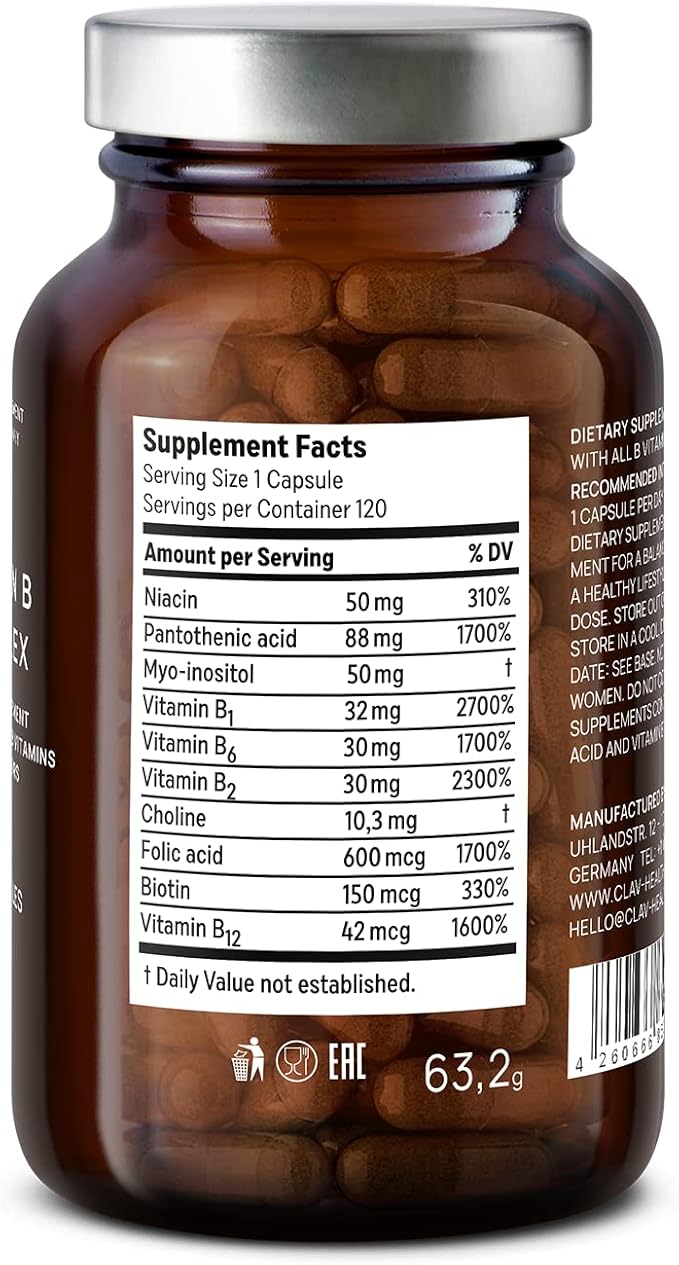 CLAV Vitamin B Complex - 120 Capsules - All 8 B Vitamins with Co-Factors Myo-Inositol &amp Choline - Supports Energy Metabolism - Vegan - Made in Germany