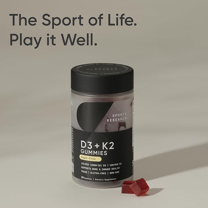 Sports Research® Vegan Vitamin D3 + K2 Gummy Supplements - Sugar-Free - 5000iu Vitamin D with 100mcg Mk7 Vitamin K - Supports Bone &amp Immune Health* - 60 Gummies for Adults