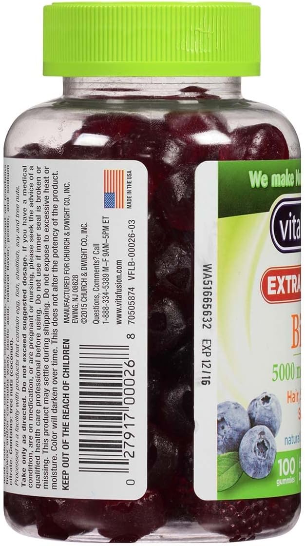 VitaFusion Biotin 5000 mcg Dietary Supplement Gummies Extra Strength Natural Blueberry Flavor - 100 ct Pack of 3