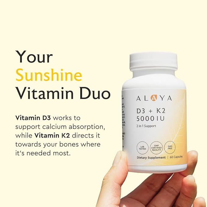 Alaya Naturals Vitamin D3 K2 Supplement – 5000 IU D3 50 mcg K1 15 mcg K2 MK-7 – High Absorption Capsules for Bone &amp Immune Support Non-GMO Vegetarian Capsules 60 Count
