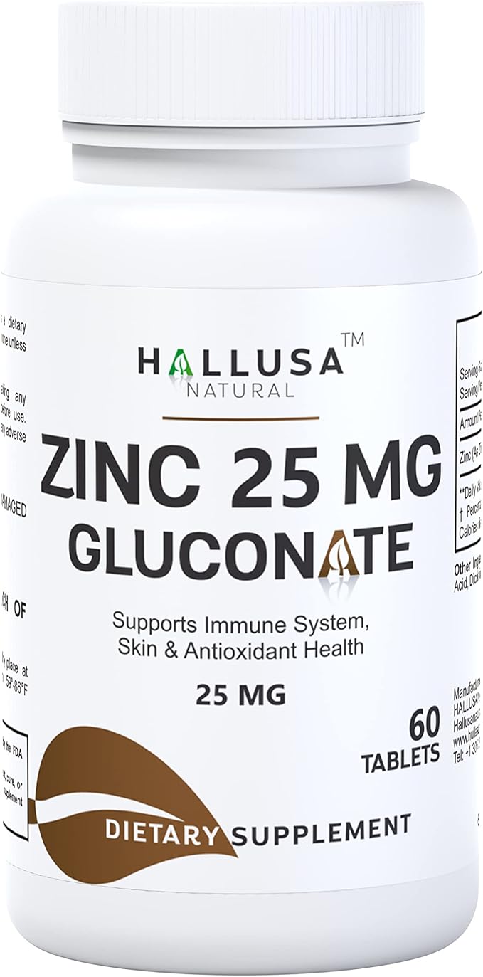 Hallusa Natural - Zinc 25 MG Gluconate - Immunity Defense Antioxidant Health Skin – 60 Tablets – 60 Day Supply