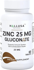 Hallusa Natural - Zinc 25 MG Gluconate - Immunity Defense Antioxidant Health Skin – 60 Tablets – 60 Day Supply