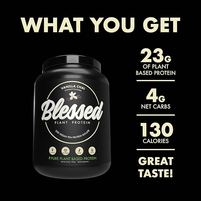 Blessed Vegan Protein Powder - Plant Based Protein Powder Meal Replacement Protein Shake 23g of Pea Protein Powder Dairy Free Gluten Free Soy Free No Sugar Added 30 Servings (Vanilla Chai)