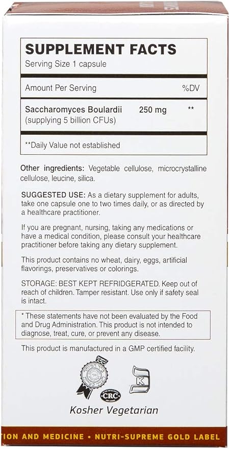 Probiotics Capsules: Saccharomyces Boulardii Probiotic Dietary Supplement - 60 Vegetarian Capsules Contains 5 Billion cfu per Capsule - Supports Digestive and Intestinal Health.